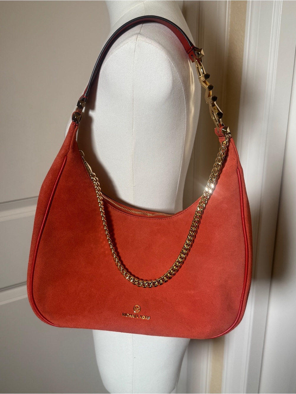 Michael Kors Nolita Suede Hobo Shoulder Bag Orange Gold Chain Large